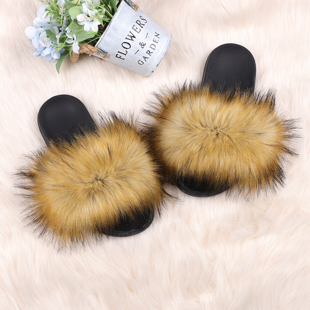 亚马逊欧美新款彩色浣熊仿真貉子毛绒拖鞋亲子款外穿沙滩平底拖鞋