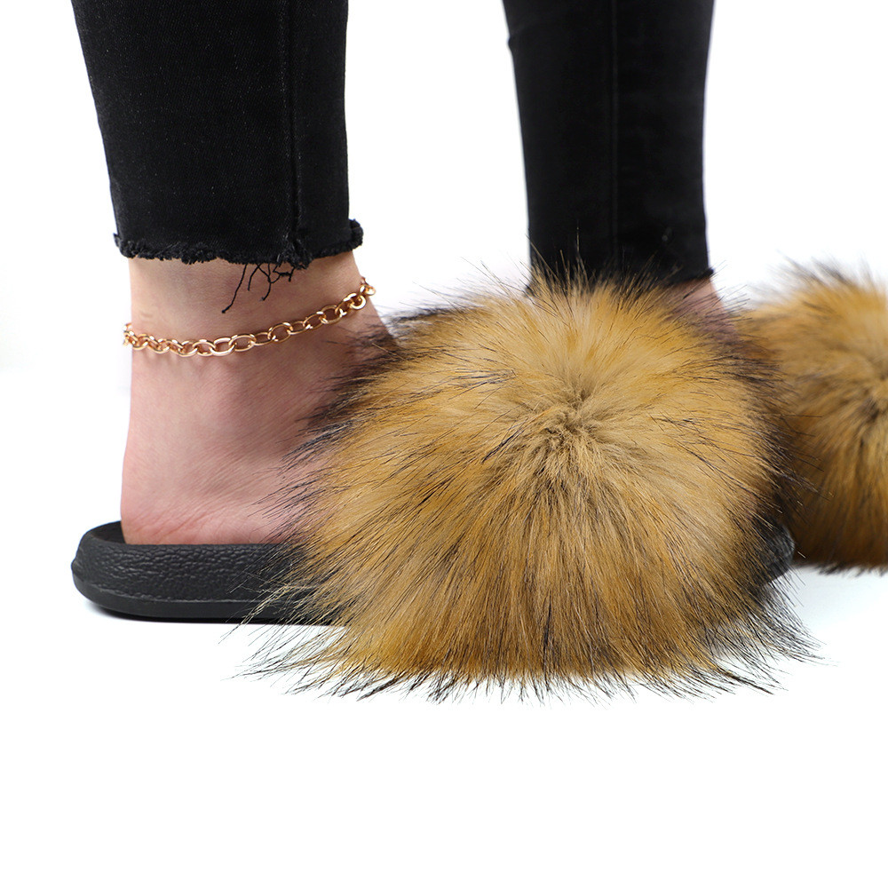 亚马逊欧美新款彩色浣熊仿真貉子毛绒拖鞋亲子款外穿沙滩平底拖鞋