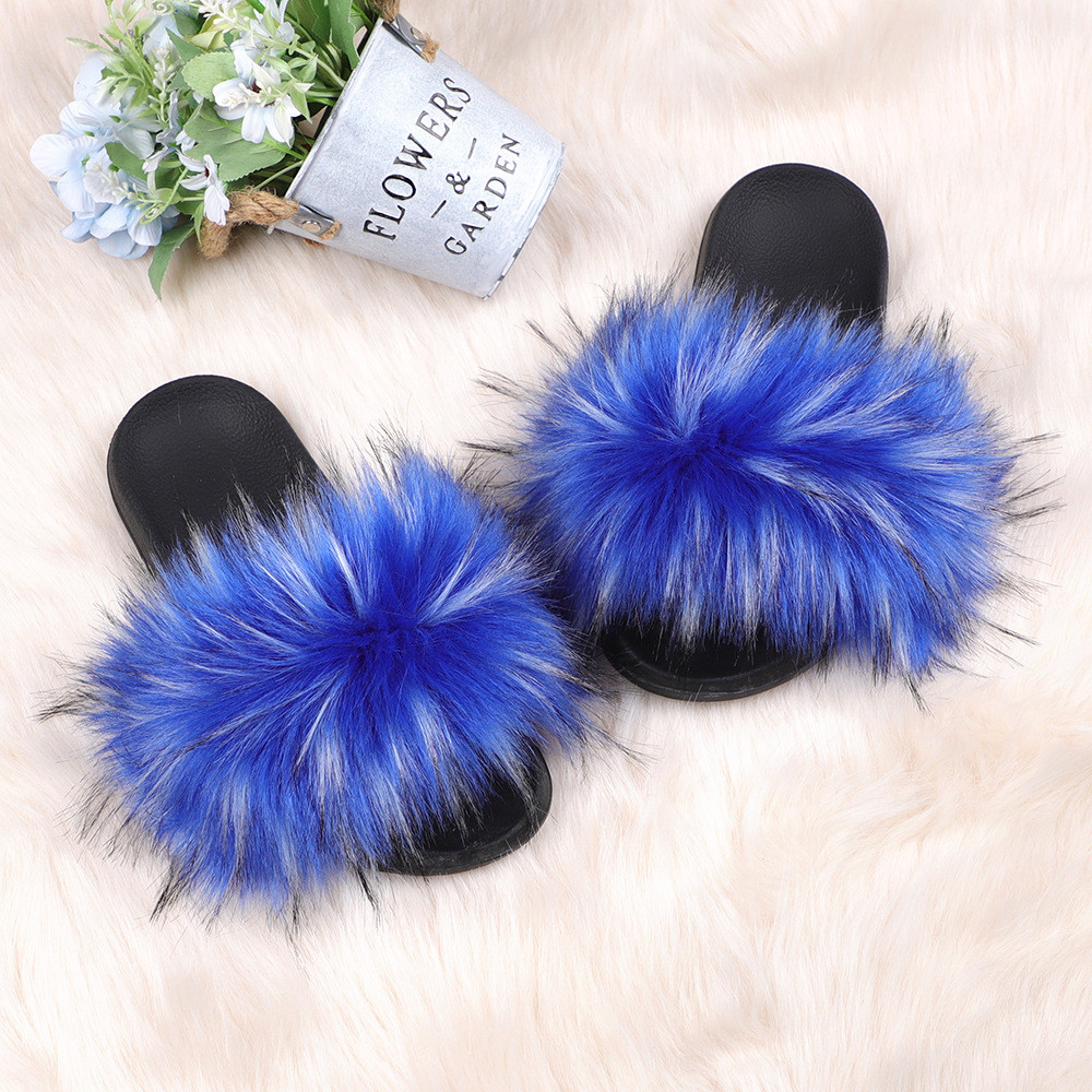 亚马逊欧美新款彩色浣熊仿真貉子毛绒拖鞋亲子款外穿沙滩平底拖鞋