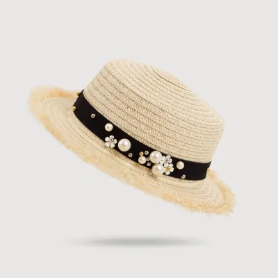 Női szalmakalap, nyári, tavaszi utazó kalapok, laza, gyöngyös, strand szalmakalap
