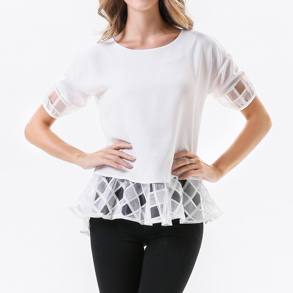 Κοντομάνικη ριχτή casual μπλούζα με σιφόν διαφάνειες