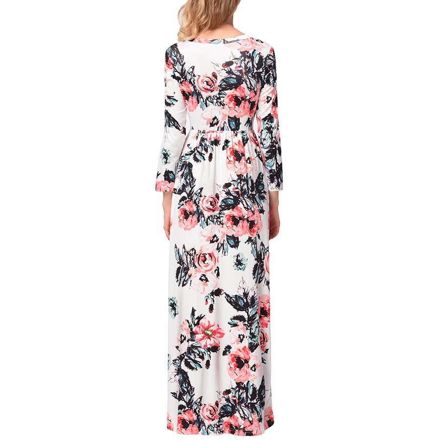 Női alkalmi nyomott virágos hosszú maxi ruha zsebbel