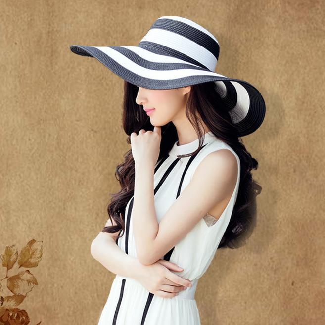 Csíkos női szalmakalap, kültéri kalap, széles szalma stand kalap