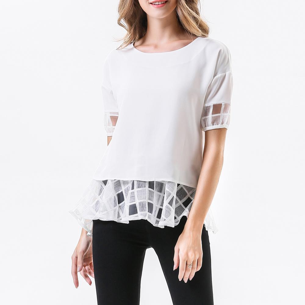 Κοντομάνικη ριχτή casual μπλούζα με σιφόν διαφάνειες