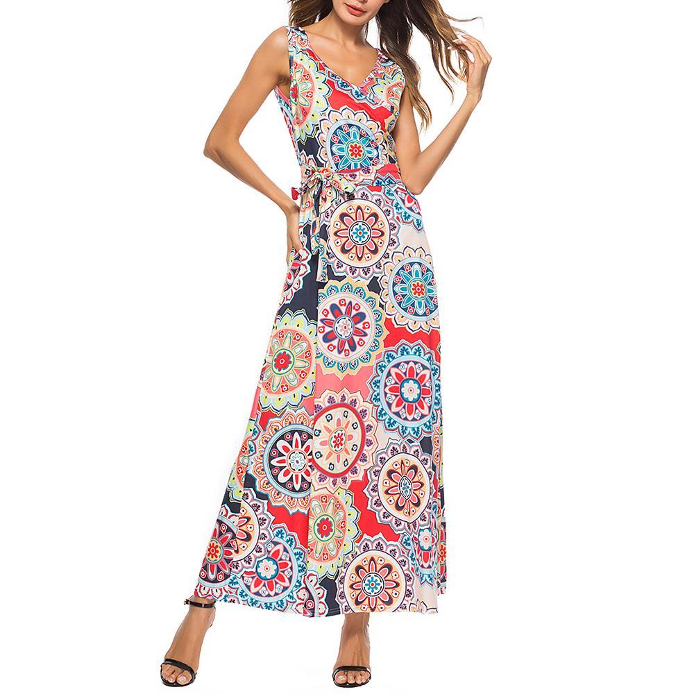 Női V-nyakú, ujjatlan, nyomott mintás maxi ruha övvel