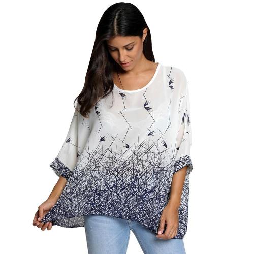 Női nyári felső blúzok, denevérszárnyú alkalmi chiffon nyomott mintás felső