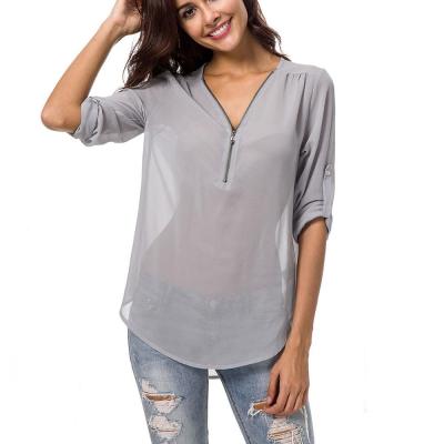 Női felsők alkalmi laza blúz V-nyakú cippzáros pulóver chiffon felsők
