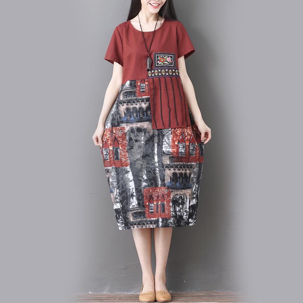 Laza, nyomott, pamut és vászon női ruha, hímzett bojtos hosszú ruha