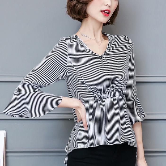 Divatos Blúz Női Ing Nyári Sifon Ing Harangujjú Női Csíkos Felső