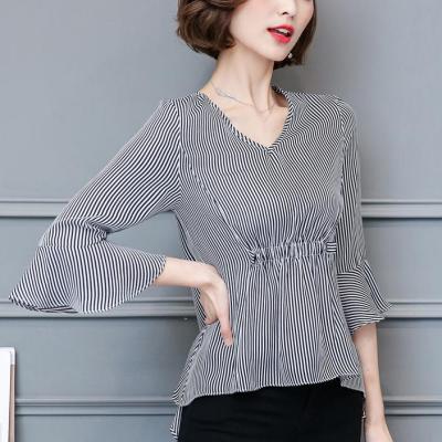 Divatos Blúz Női Ing Nyári Sifon Ing Harangujjú Női Csíkos Felső