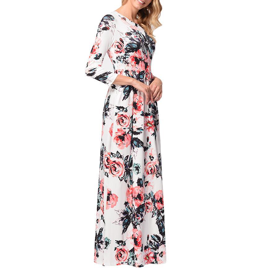 Női alkalmi nyomott virágos hosszú maxi ruha zsebbel