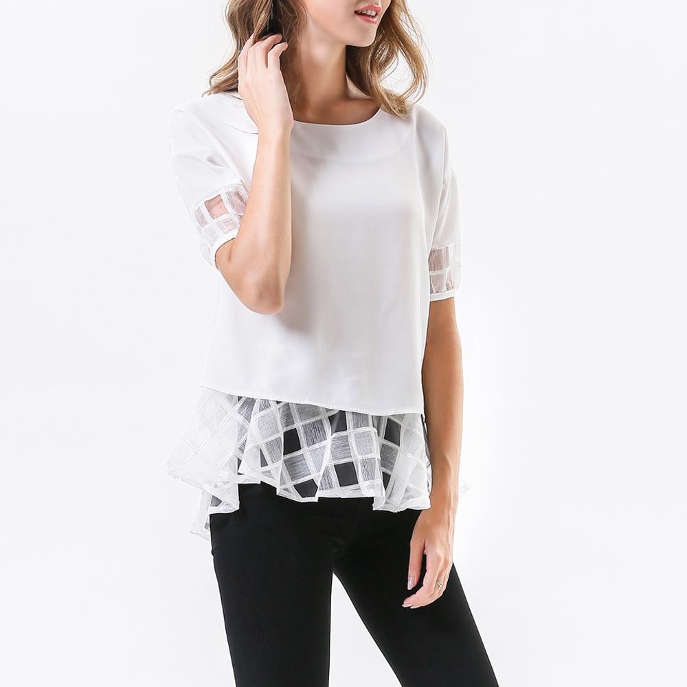 Κοντομάνικη ριχτή casual μπλούζα με σιφόν διαφάνειες