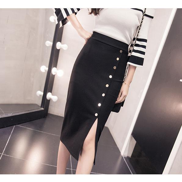 Magas derék egy sor nyakkendő osztott ceruza rugalmas félig szoknya