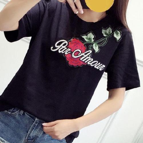 Rózsa Virágmintás Hímzés Női pólók Alkalmi Vicces pólók Lady Top Tee Női Virág Blúz
