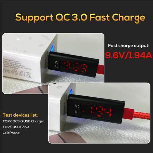 QC 3.0 Gyors töltés USB feszültség és áram kijelzése, 1M fonatos Nylon kábel C-tipusú IOS-ra és Androidra