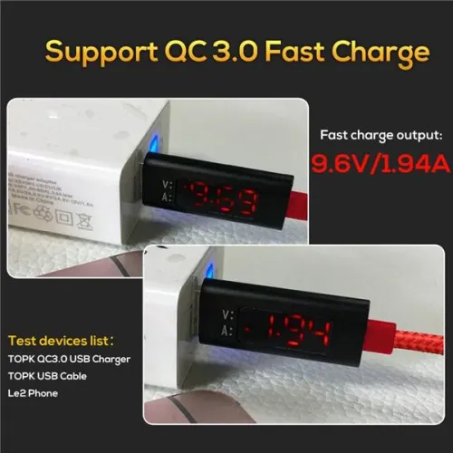 QC 3.0 Gyors töltés USB feszültség és áram kijelzése, 1M fonatos Nylon kábel C-tipusú IOS-ra és Androidra