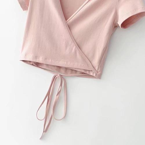 Nyári, szexi, V-nyakú, kötött női top, rövid ujjú, kivágott felső, crop top, fehér tank top