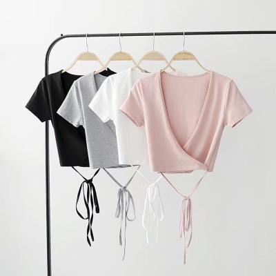 Nyári, szexi, V-nyakú, kötött női top, rövid ujjú, kivágott felső, crop top, fehér tank top