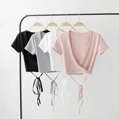 Nyári, szexi, V-nyakú, kötött női top, rövid ujjú, kivágott felső, crop top, fehér tank top