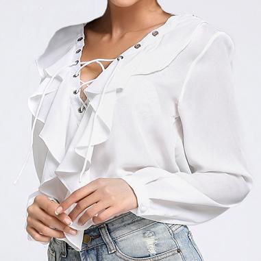 Szexi Top Sifon blúz Nyári Ősz V nyak Ruffles pólók alkalmi Női ruhák