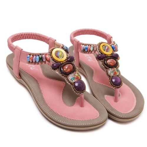 Bohém női szandál, drágakövekkel díszített, flipflop, lapos strandszandál