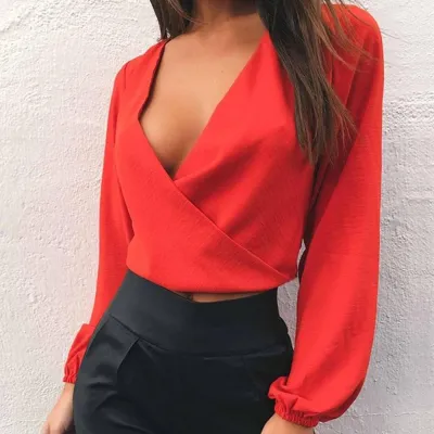 Hosszúujjú V Nyakú Backless Bow Short Sifon blúz Női Szexi Club Party Ingek Női Top