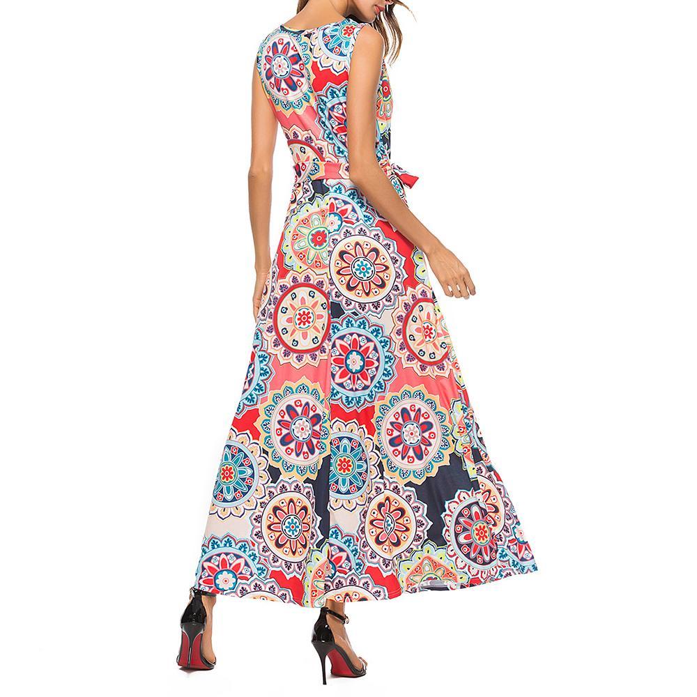 Női V-nyakú, ujjatlan, nyomott mintás maxi ruha övvel