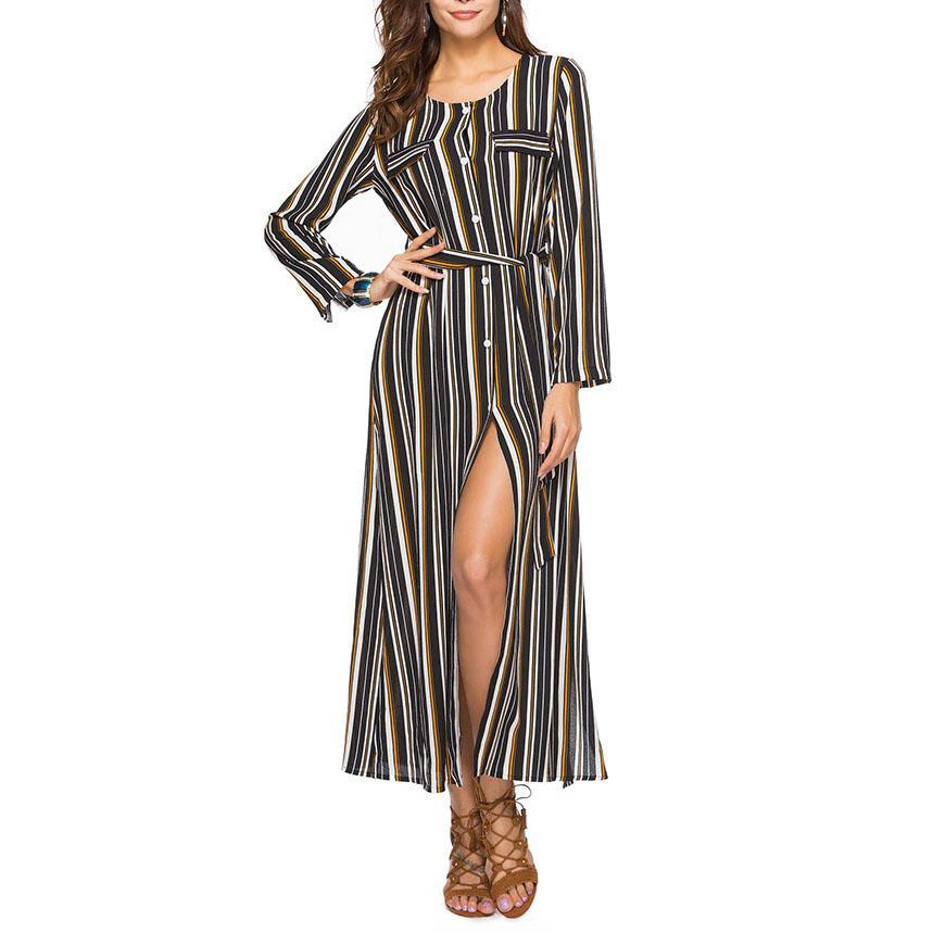 Női Színes Csíkos O-nyakú Hosszú ujjú Öves Ing Felsliccelt Ruha