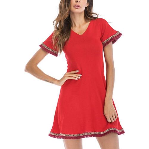 Női Vintage Kötött Ruha V-nyakú Vissza Strap rövid ujjú Derék ruha