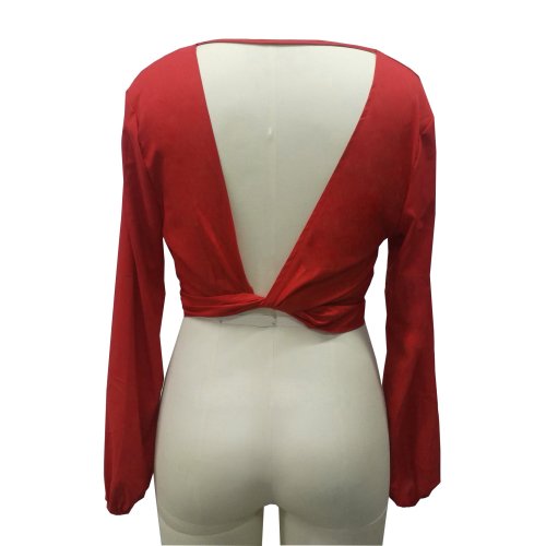 Hosszúujjú V Nyakú Backless Bow Short Sifon blúz Női Szexi Club Party Ingek Női Top