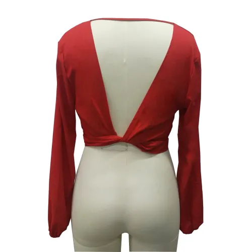 Hosszúujjú V Nyakú Backless Bow Short Sifon blúz Női Szexi Club Party Ingek Női Top