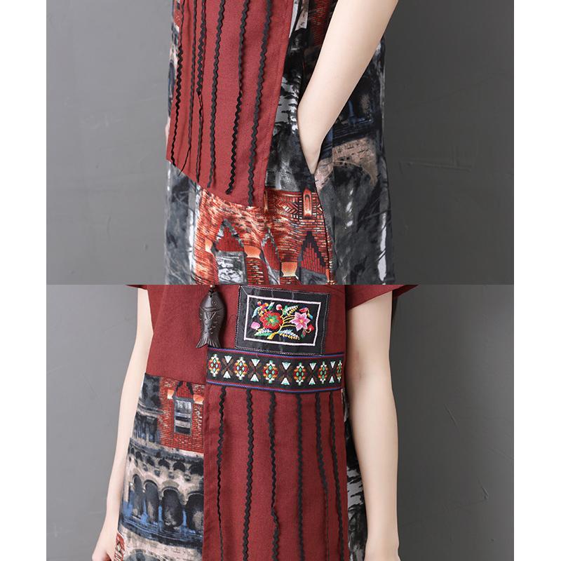 Laza, nyomott, pamut és vászon női ruha, hímzett bojtos hosszú ruha