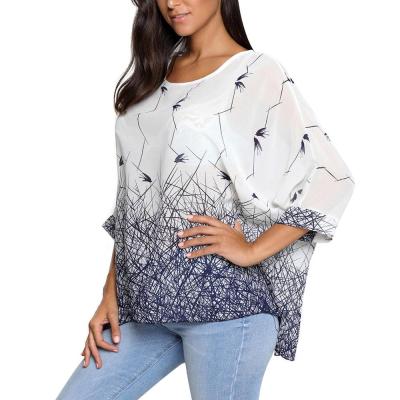Női nyári felső blúzok, denevérszárnyú alkalmi chiffon nyomott mintás felső