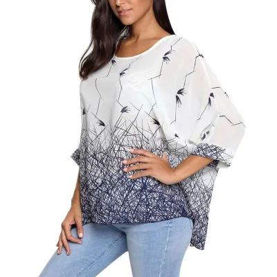 Női nyári felső blúzok, denevérszárnyú alkalmi chiffon nyomott mintás felső