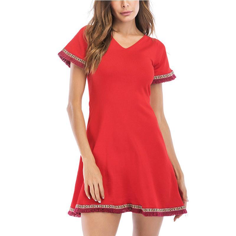 Női Vintage Kötött Ruha V-nyakú Vissza Strap rövid ujjú Derék ruha