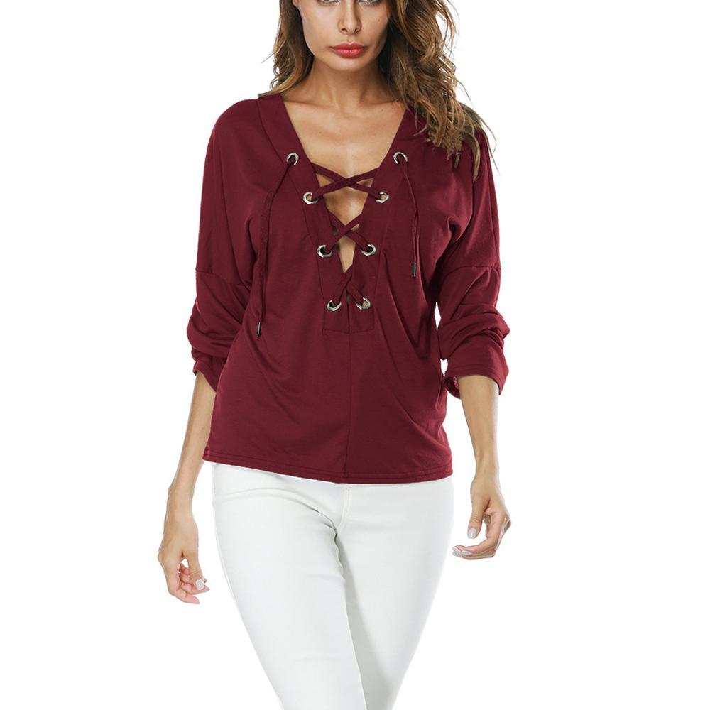 Divatos női hosszú ujjú laza blúz nyári V-nyakú kötött felső