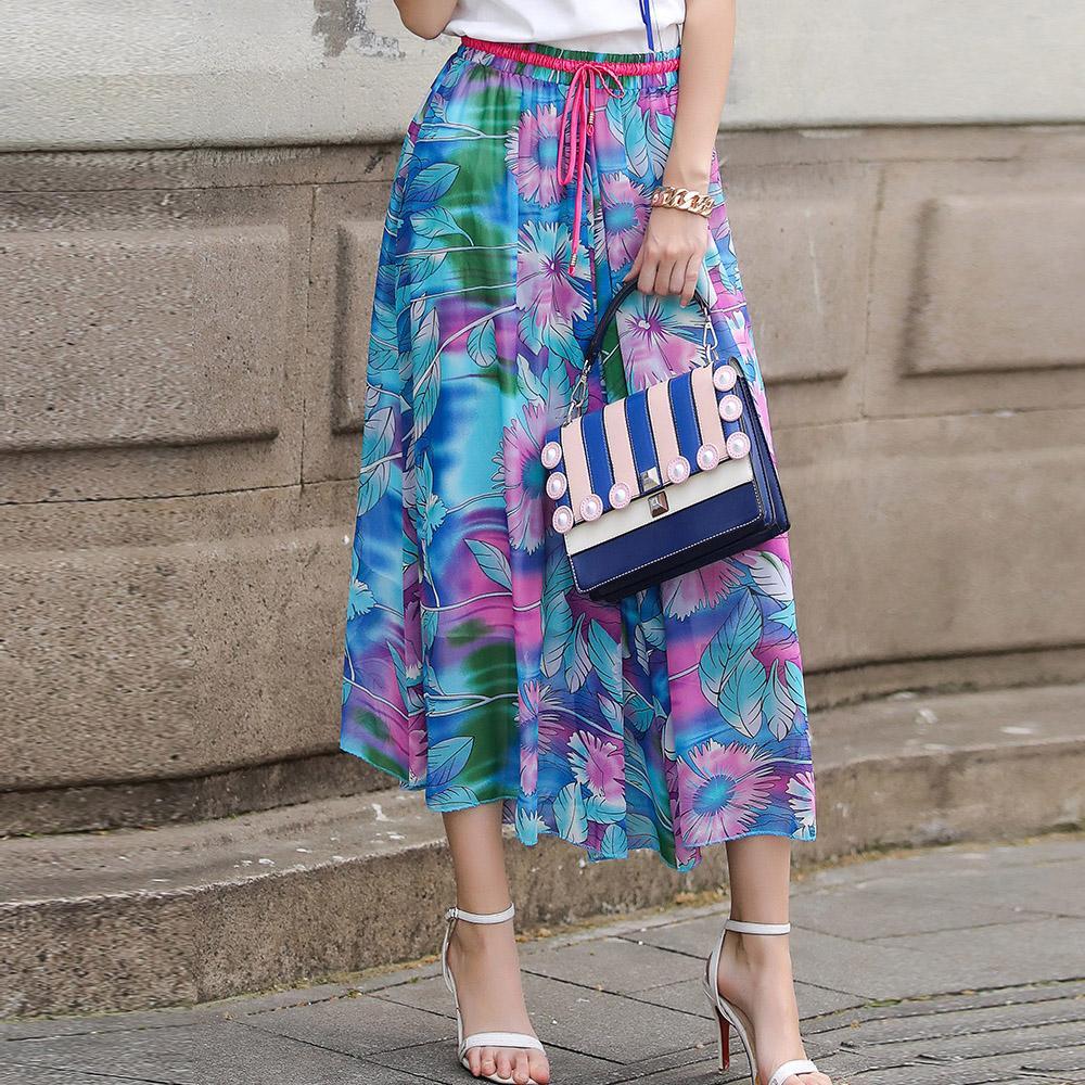 Boho virágmintás nyomott 2018 alkalmi sikk magasderekú strand sifonszoknya