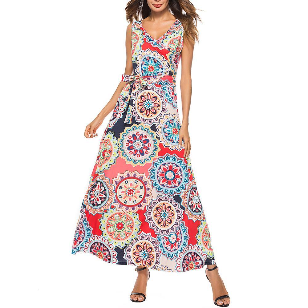 Női V-nyakú, ujjatlan, nyomott mintás maxi ruha övvel