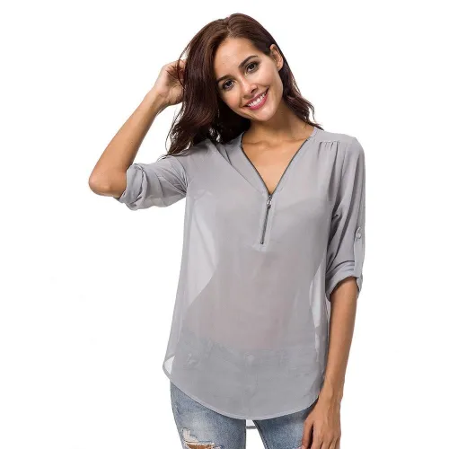 Női felsők alkalmi laza blúz V-nyakú cippzáros pulóver chiffon felsők