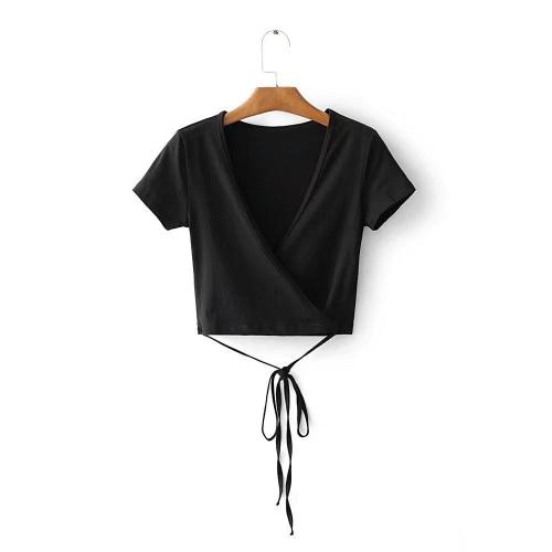 Nyári, szexi, V-nyakú, kötött női top, rövid ujjú, kivágott felső, crop top, fehér tank top