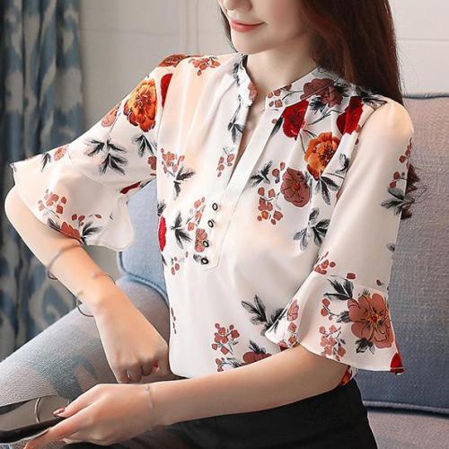 Felsők Női Újdonságok Tavaszi rövidnadrág blúzok Női virágos print sálifon Streetwear blúz