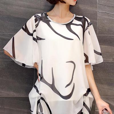 Divatos Blúz Női Sifon Nyári Sifon Ing Laza Harangujjú női Mintás Felső