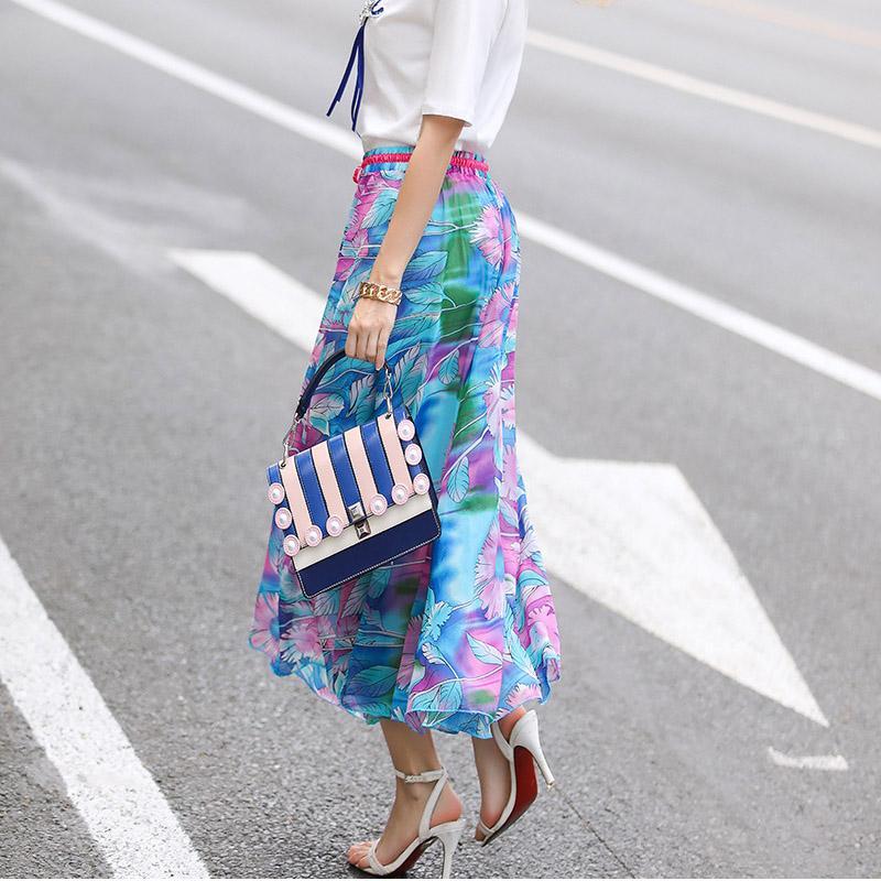 Boho virágmintás nyomott 2018 alkalmi sikk magasderekú strand sifonszoknya