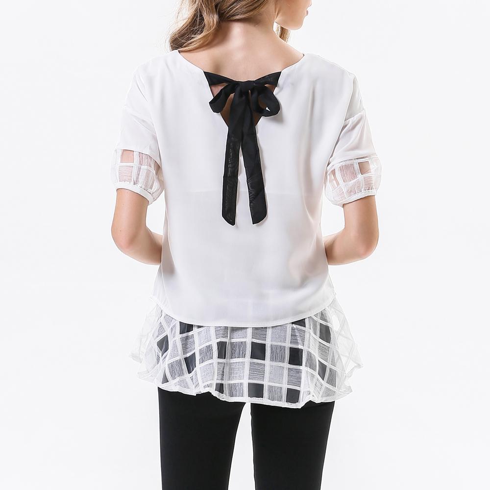 Κοντομάνικη ριχτή casual μπλούζα με σιφόν διαφάνειες