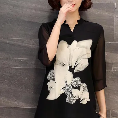 Női Sifon alkalmi fekete Blúz Virágmintás, nyomtatott, V-nyakú, elegáns ing