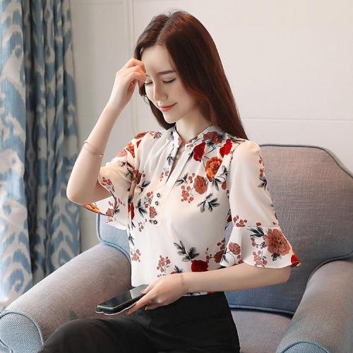 Felsők Női Újdonságok Tavaszi rövidnadrág blúzok Női virágos print sálifon Streetwear blúz