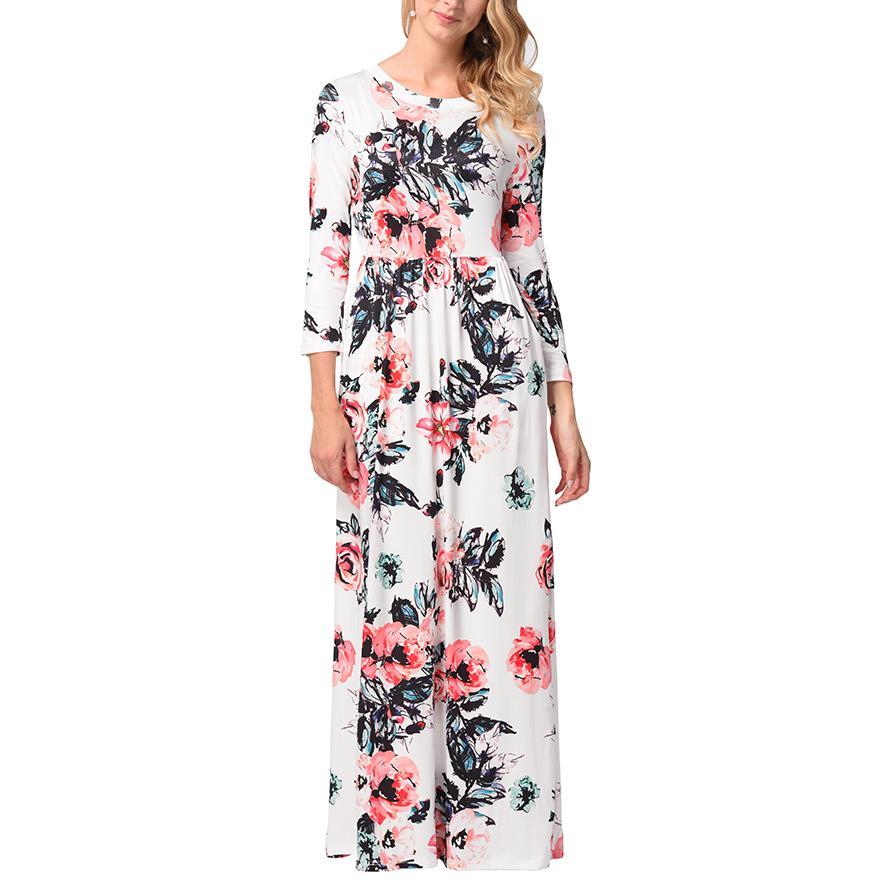 Női alkalmi nyomott virágos hosszú maxi ruha zsebbel