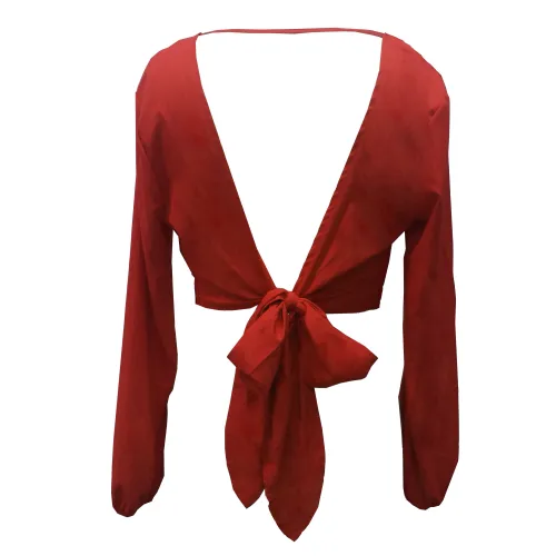 Hosszúujjú V Nyakú Backless Bow Short Sifon blúz Női Szexi Club Party Ingek Női Top