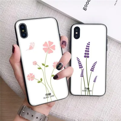 Luxus, edzett üvegű. virágmintás tok iPhone X/8P/8/7P/7/6P/6 telefonhoz
