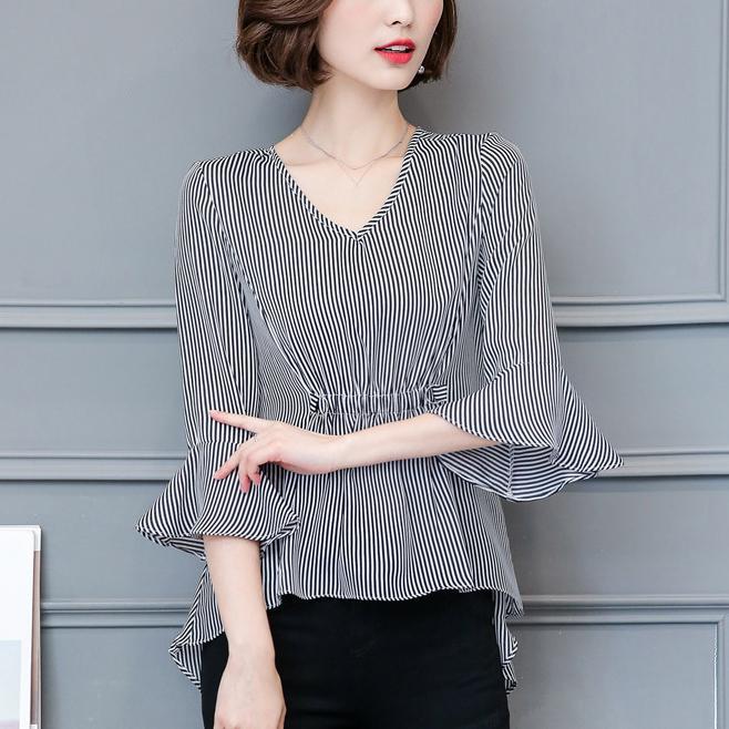 Divatos Blúz Női Ing Nyári Sifon Ing Harangujjú Női Csíkos Felső